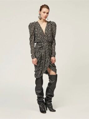 Isabel Marant Étoile Issolya Geometric Print Ruched Midi Dress EU 44 Silk Lined